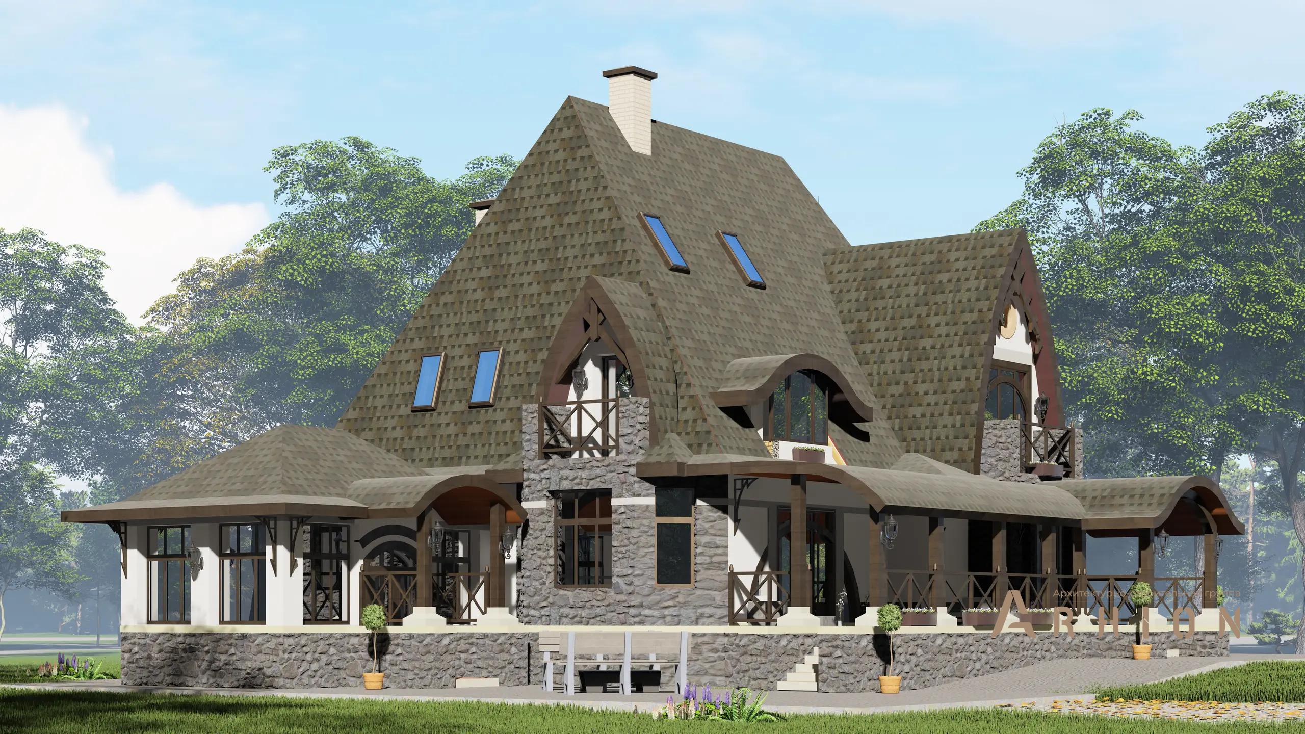 5. Проект двухэтажного дома в стиле модерн с многоскатной кровлей, H-1300, площадью - 301 кв c мансардой, терассой, эркером